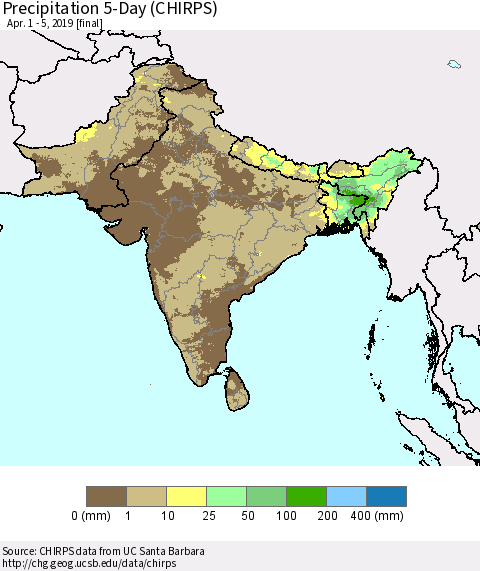 Southern Asia Precipitation 5-Day (CHIRPS) Thematic Map For 4/1/2019 - 4/5/2019