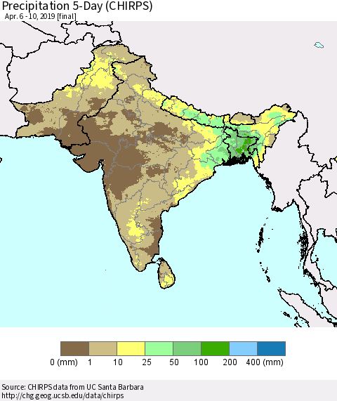 Southern Asia Precipitation 5-Day (CHIRPS) Thematic Map For 4/6/2019 - 4/10/2019