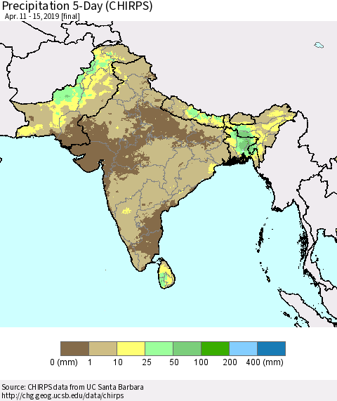 Southern Asia Precipitation 5-Day (CHIRPS) Thematic Map For 4/11/2019 - 4/15/2019