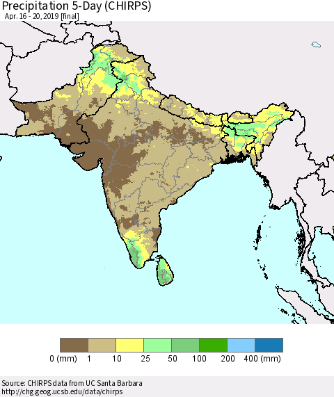 Southern Asia Precipitation 5-Day (CHIRPS) Thematic Map For 4/16/2019 - 4/20/2019