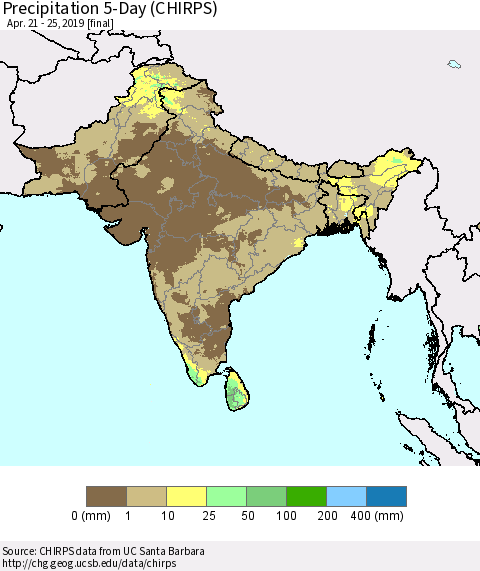 Southern Asia Precipitation 5-Day (CHIRPS) Thematic Map For 4/21/2019 - 4/25/2019