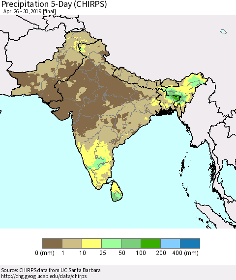 Southern Asia Precipitation 5-Day (CHIRPS) Thematic Map For 4/26/2019 - 4/30/2019