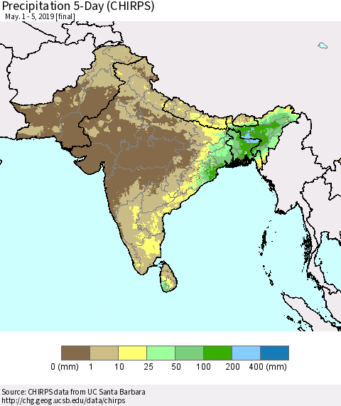 Southern Asia Precipitation 5-Day (CHIRPS) Thematic Map For 5/1/2019 - 5/5/2019