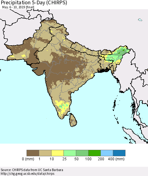 Southern Asia Precipitation 5-Day (CHIRPS) Thematic Map For 5/6/2019 - 5/10/2019