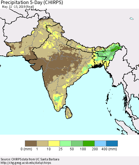 Southern Asia Precipitation 5-Day (CHIRPS) Thematic Map For 5/11/2019 - 5/15/2019