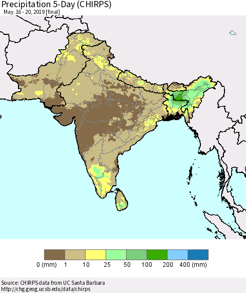 Southern Asia Precipitation 5-Day (CHIRPS) Thematic Map For 5/16/2019 - 5/20/2019