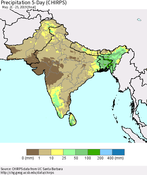Southern Asia Precipitation 5-Day (CHIRPS) Thematic Map For 5/21/2019 - 5/25/2019