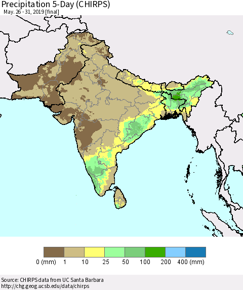 Southern Asia Precipitation 5-Day (CHIRPS) Thematic Map For 5/26/2019 - 5/31/2019