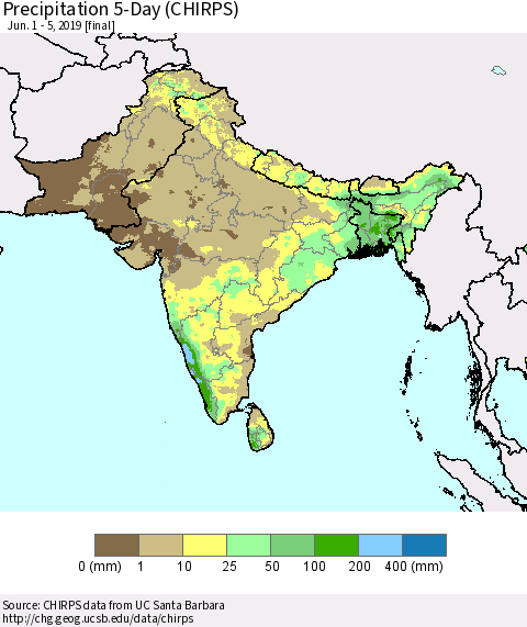 Southern Asia Precipitation 5-Day (CHIRPS) Thematic Map For 6/1/2019 - 6/5/2019