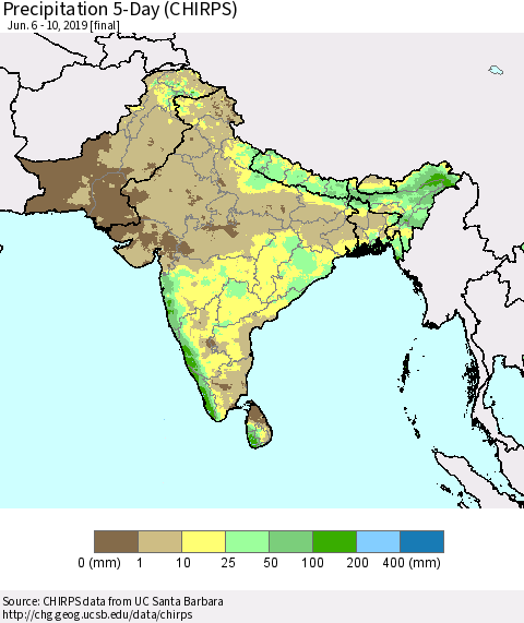 Southern Asia Precipitation 5-Day (CHIRPS) Thematic Map For 6/6/2019 - 6/10/2019