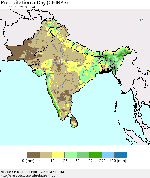 Southern Asia Precipitation 5-Day (CHIRPS) Thematic Map For 6/11/2019 - 6/15/2019