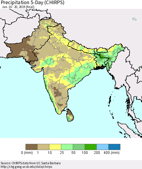 Southern Asia Precipitation 5-Day (CHIRPS) Thematic Map For 6/16/2019 - 6/20/2019