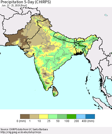Southern Asia Precipitation 5-Day (CHIRPS) Thematic Map For 6/21/2019 - 6/25/2019