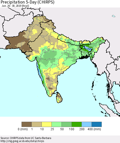 Southern Asia Precipitation 5-Day (CHIRPS) Thematic Map For 6/26/2019 - 6/30/2019