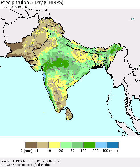 Southern Asia Precipitation 5-Day (CHIRPS) Thematic Map For 7/1/2019 - 7/5/2019