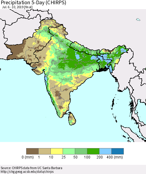 Southern Asia Precipitation 5-Day (CHIRPS) Thematic Map For 7/6/2019 - 7/10/2019