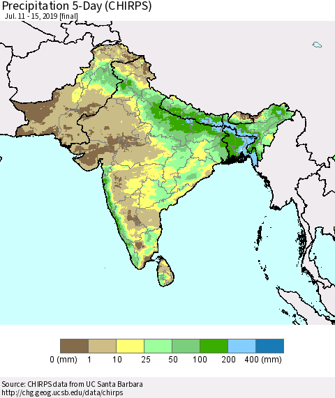 Southern Asia Precipitation 5-Day (CHIRPS) Thematic Map For 7/11/2019 - 7/15/2019