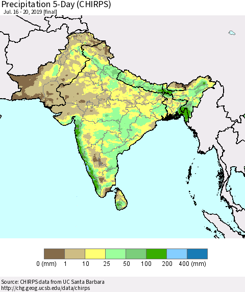 Southern Asia Precipitation 5-Day (CHIRPS) Thematic Map For 7/16/2019 - 7/20/2019