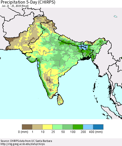 Southern Asia Precipitation 5-Day (CHIRPS) Thematic Map For 7/21/2019 - 7/25/2019