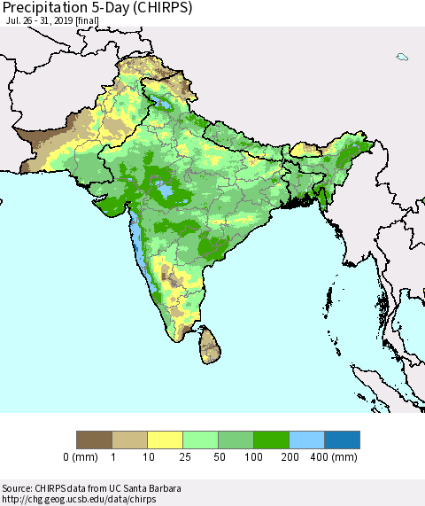 Southern Asia Precipitation 5-Day (CHIRPS) Thematic Map For 7/26/2019 - 7/31/2019