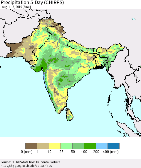 Southern Asia Precipitation 5-Day (CHIRPS) Thematic Map For 8/1/2019 - 8/5/2019
