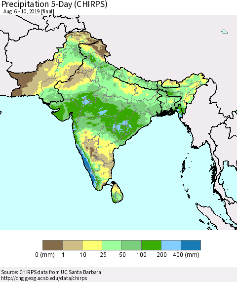 Southern Asia Precipitation 5-Day (CHIRPS) Thematic Map For 8/6/2019 - 8/10/2019