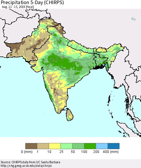 Southern Asia Precipitation 5-Day (CHIRPS) Thematic Map For 8/11/2019 - 8/15/2019