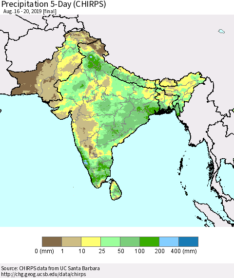 Southern Asia Precipitation 5-Day (CHIRPS) Thematic Map For 8/16/2019 - 8/20/2019