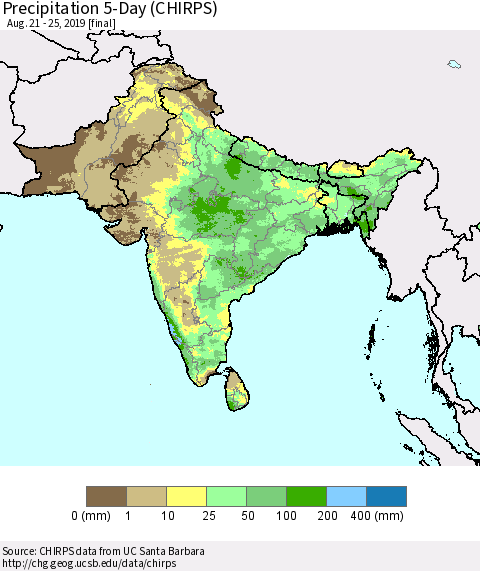 Southern Asia Precipitation 5-Day (CHIRPS) Thematic Map For 8/21/2019 - 8/25/2019