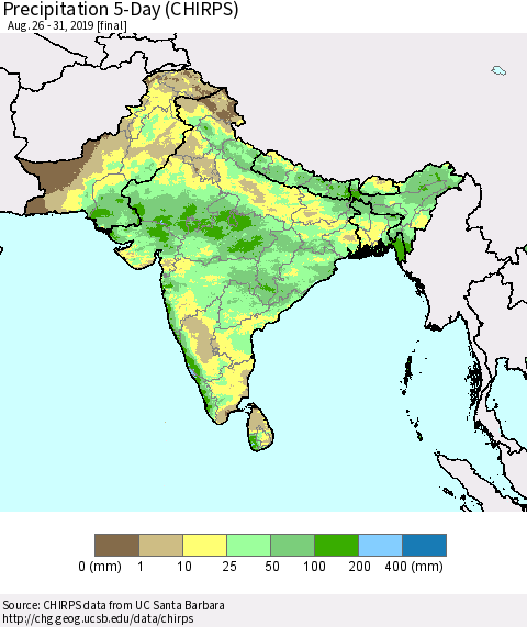 Southern Asia Precipitation 5-Day (CHIRPS) Thematic Map For 8/26/2019 - 8/31/2019