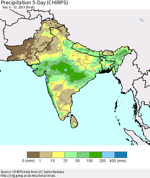 Southern Asia Precipitation 5-Day (CHIRPS) Thematic Map For 9/6/2019 - 9/10/2019