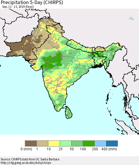 Southern Asia Precipitation 5-Day (CHIRPS) Thematic Map For 9/11/2019 - 9/15/2019