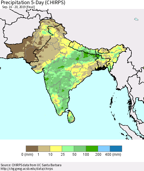 Southern Asia Precipitation 5-Day (CHIRPS) Thematic Map For 9/16/2019 - 9/20/2019