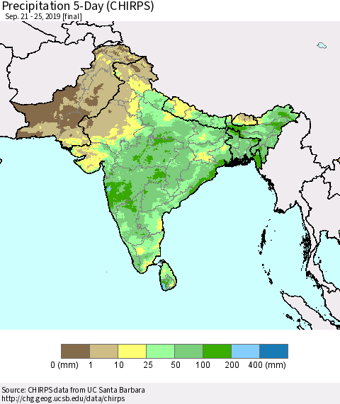 Southern Asia Precipitation 5-Day (CHIRPS) Thematic Map For 9/21/2019 - 9/25/2019