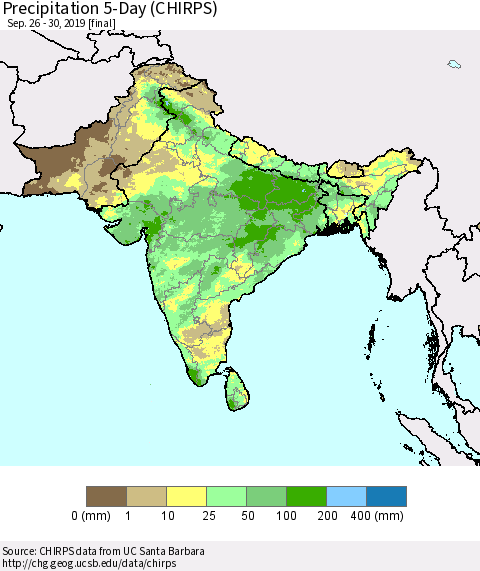 Southern Asia Precipitation 5-Day (CHIRPS) Thematic Map For 9/26/2019 - 9/30/2019