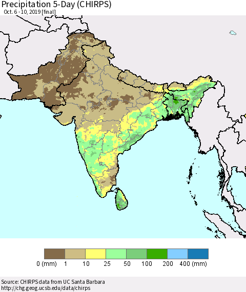 Southern Asia Precipitation 5-Day (CHIRPS) Thematic Map For 10/6/2019 - 10/10/2019