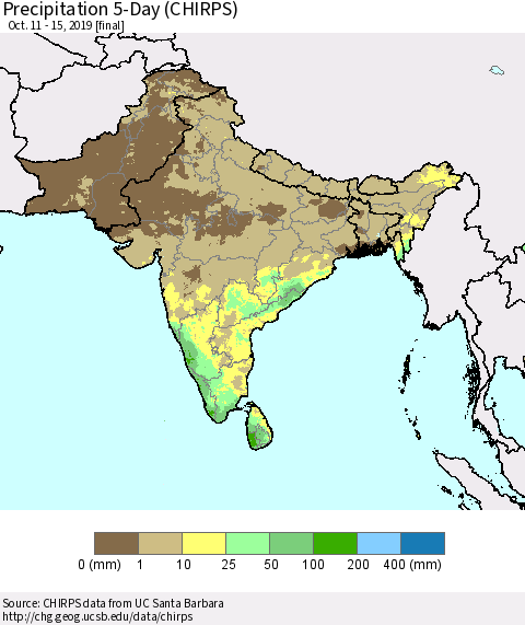 Southern Asia Precipitation 5-Day (CHIRPS) Thematic Map For 10/11/2019 - 10/15/2019