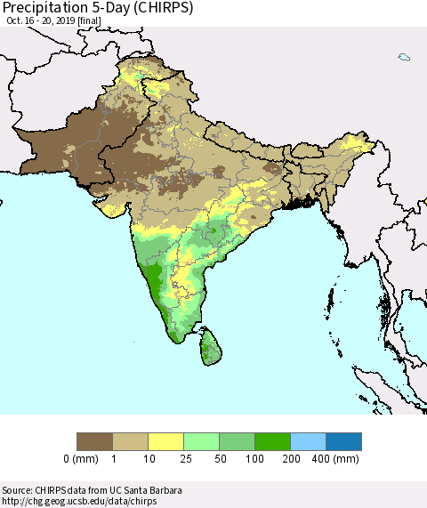 Southern Asia Precipitation 5-Day (CHIRPS) Thematic Map For 10/16/2019 - 10/20/2019