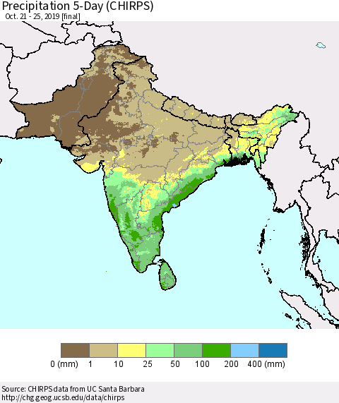 Southern Asia Precipitation 5-Day (CHIRPS) Thematic Map For 10/21/2019 - 10/25/2019