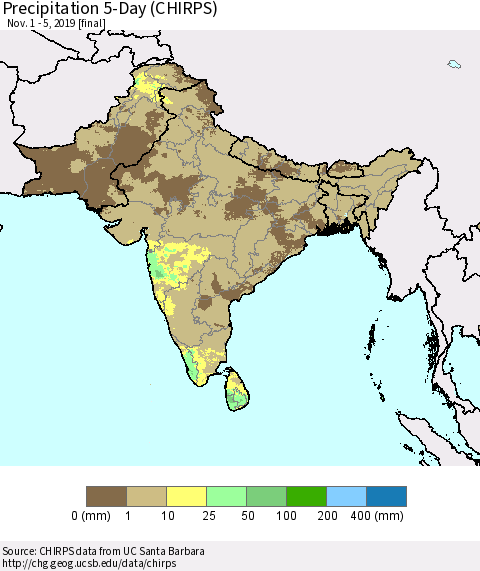 Southern Asia Precipitation 5-Day (CHIRPS) Thematic Map For 11/1/2019 - 11/5/2019