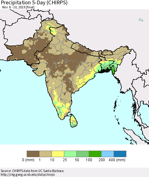 Southern Asia Precipitation 5-Day (CHIRPS) Thematic Map For 11/6/2019 - 11/10/2019