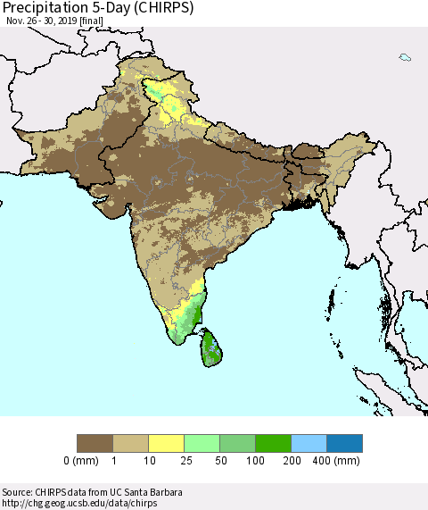 Southern Asia Precipitation 5-Day (CHIRPS) Thematic Map For 11/26/2019 - 11/30/2019