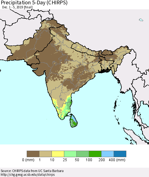 Southern Asia Precipitation 5-Day (CHIRPS) Thematic Map For 12/1/2019 - 12/5/2019