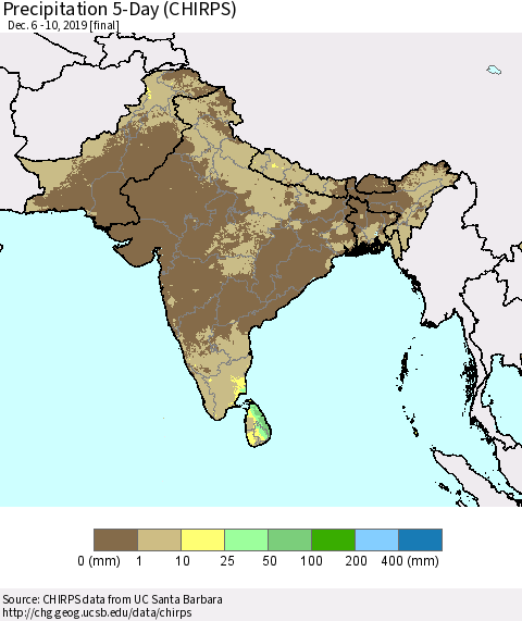 Southern Asia Precipitation 5-Day (CHIRPS) Thematic Map For 12/6/2019 - 12/10/2019
