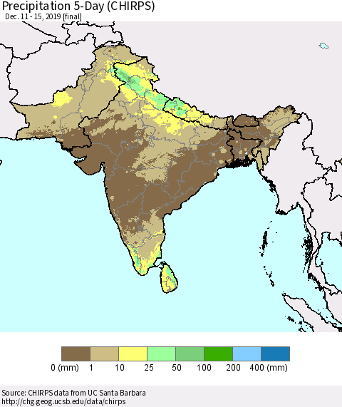 Southern Asia Precipitation 5-Day (CHIRPS) Thematic Map For 12/11/2019 - 12/15/2019