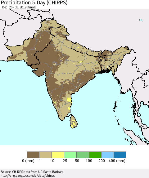 Southern Asia Precipitation 5-Day (CHIRPS) Thematic Map For 12/26/2019 - 12/31/2019