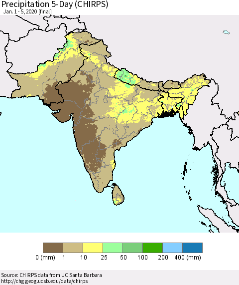 Southern Asia Precipitation 5-Day (CHIRPS) Thematic Map For 1/1/2020 - 1/5/2020