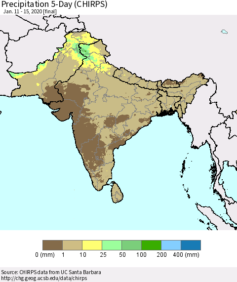 Southern Asia Precipitation 5-Day (CHIRPS) Thematic Map For 1/11/2020 - 1/15/2020