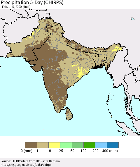 Southern Asia Precipitation 5-Day (CHIRPS) Thematic Map For 2/1/2020 - 2/5/2020