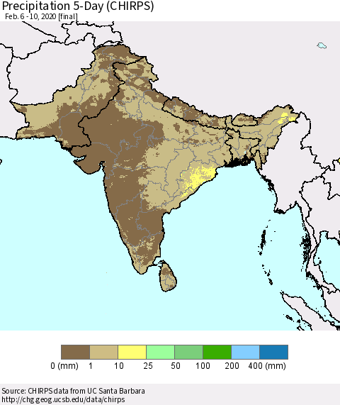 Southern Asia Precipitation 5-Day (CHIRPS) Thematic Map For 2/6/2020 - 2/10/2020